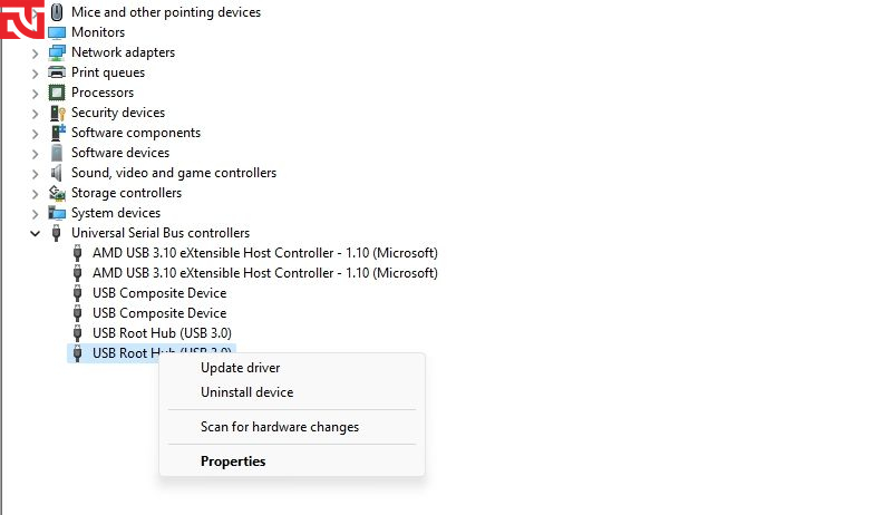 3. Chuột phải vào bất kỳ trình điều khiển "Generic USB Hub" hoặc "USB Root Hub" nào và chọn "Properties."