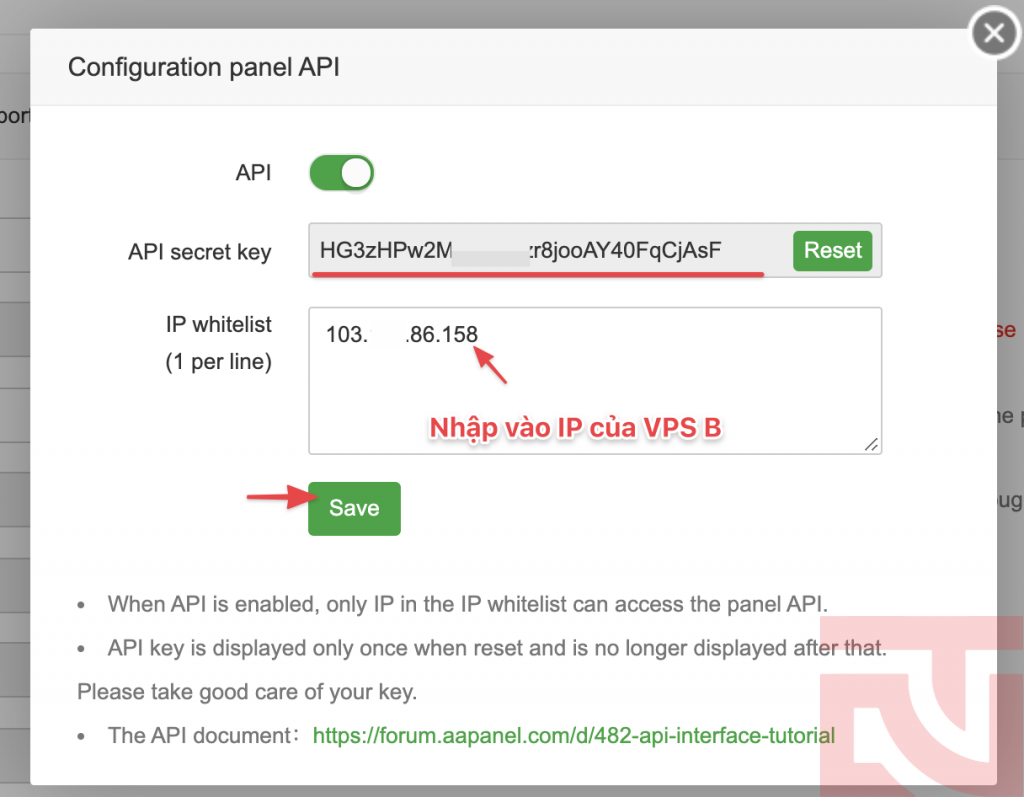 Nhập IP của VPS nhận chuyển dữ liệu vào ô IP White List